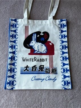 White Rabbit Creamy Candy Canvas Tote - White with Blue & Red Rabbit Graphic